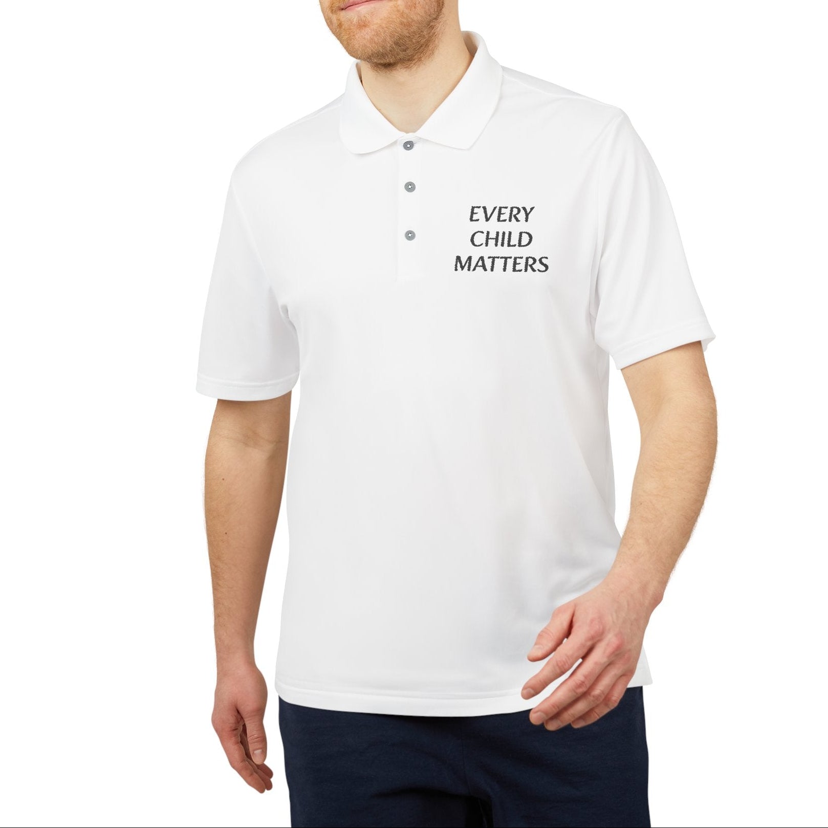 Man wearing a white polo shirt with 'EVERY CHILD MATTERS' text on a white background