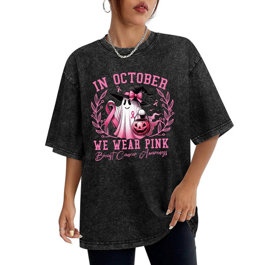 In October We Wear Pink | Women Vintage T-Shirt - Ghost w/Pumpkin