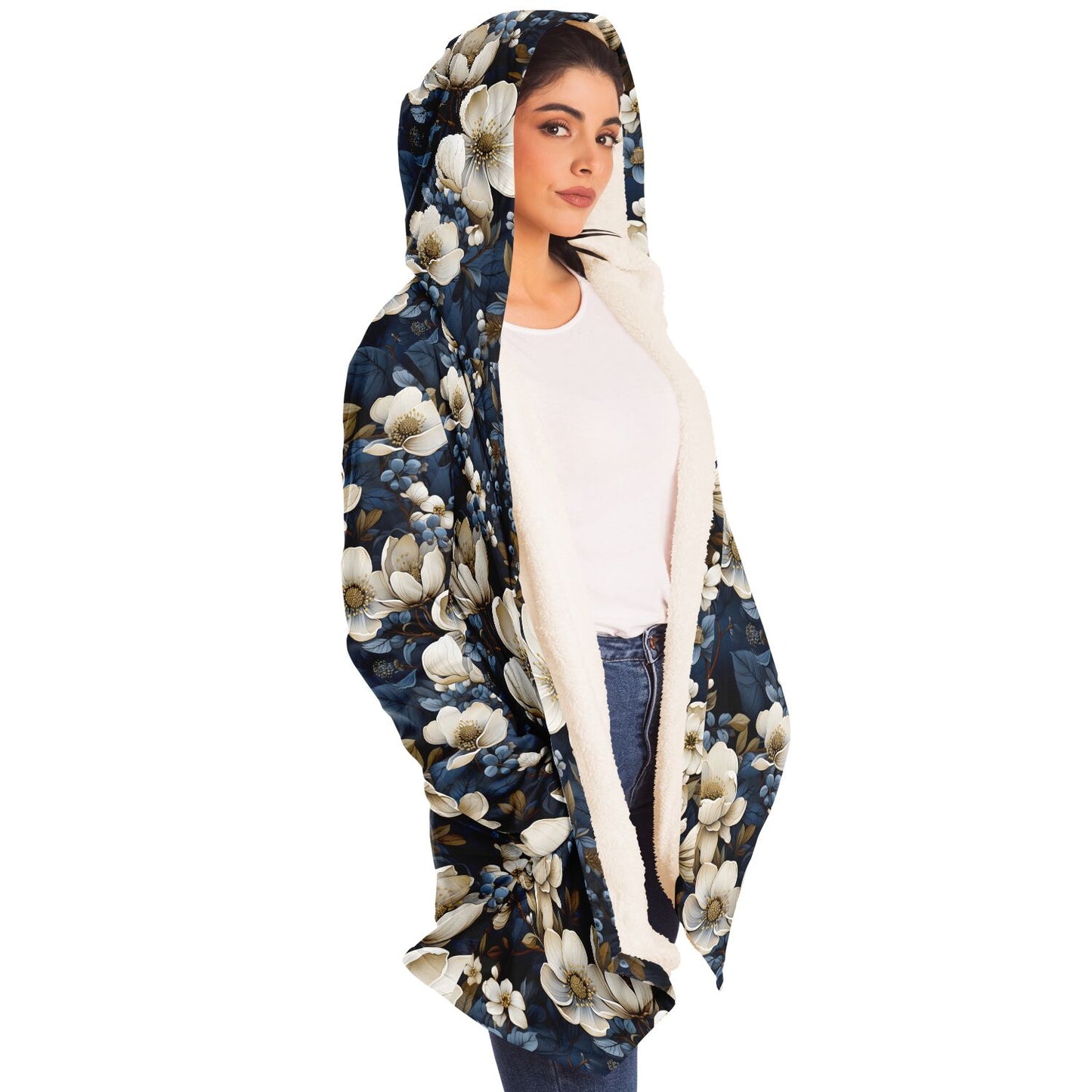 Blue Winter Floral Microfleece Cloak