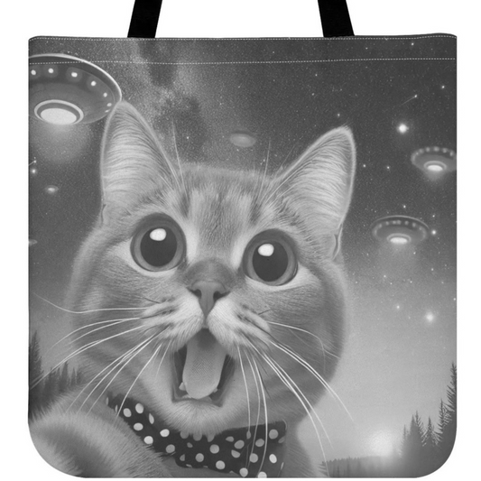 Cat Selfie - ALIENS! - Durable Cotton/Polyester Blend Cloth Tote Bags - 7 Colours Available