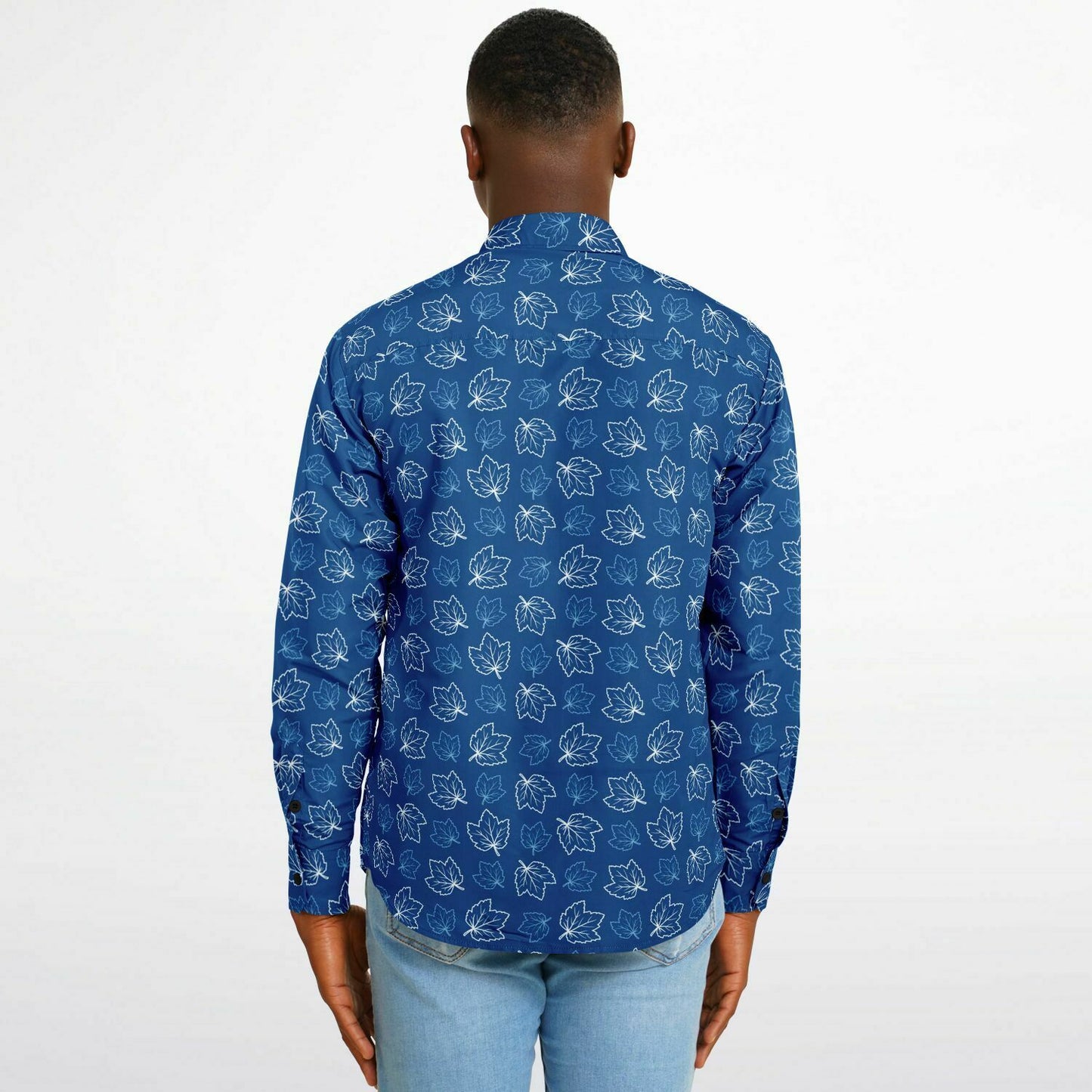 Maple Leaves Blue Long Sleeve Button Down Shirt