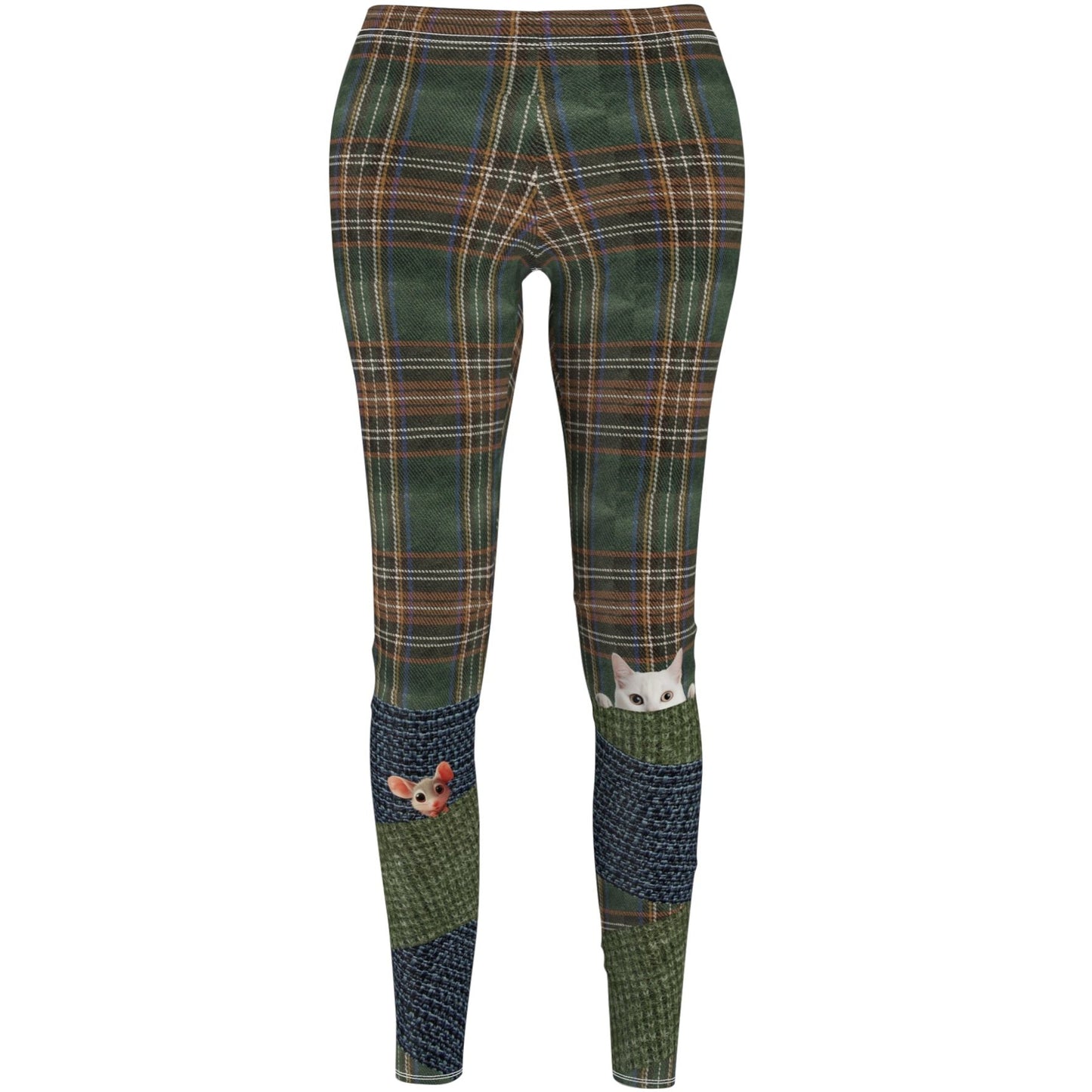 Green Oxford Tweed W/Peeking Cat & Mouse Leg Warmers - Women's Casual Leggings