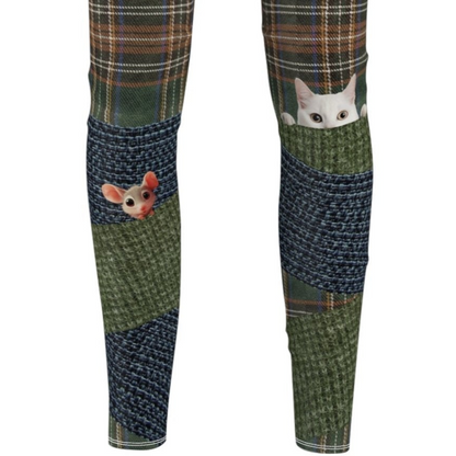 Green Oxford Tweed W/Peeking Cat & Mouse Leg Warmers - Women's Casual Leggings