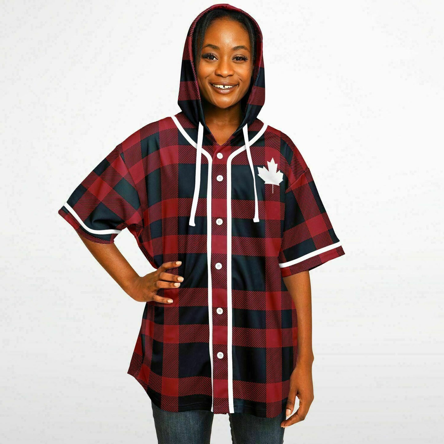 True North Strong and Free Red Plaid Hooded Baseball Jersey