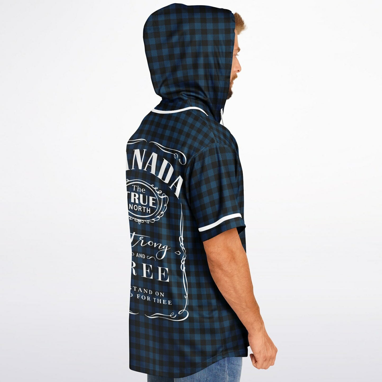True North Strong and Free | Plaid Hooded Baseball Jersey - Navy