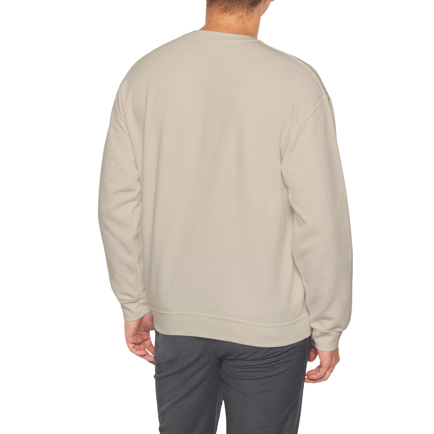 Man wearing a sand sweatshirt on a white background