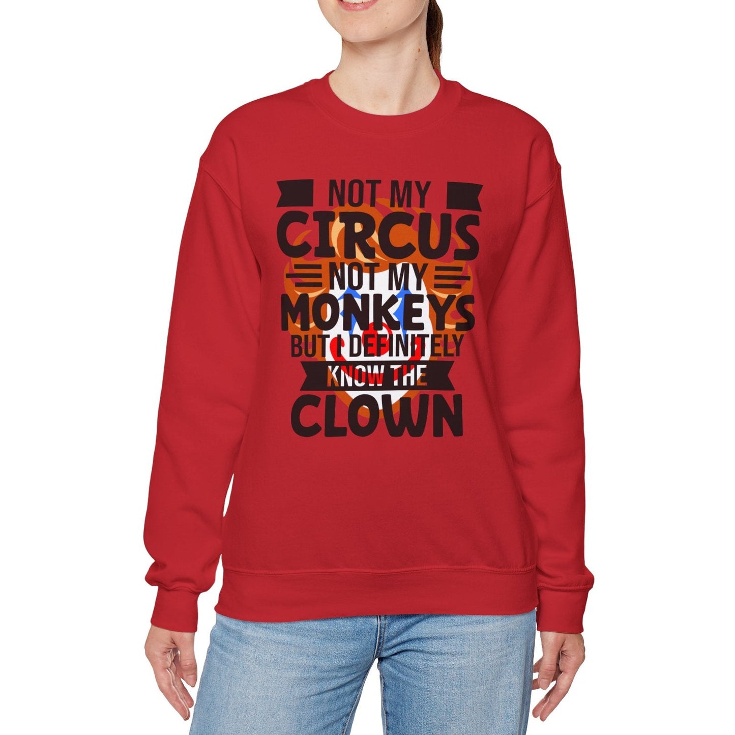 Person wearing a red sweatshirt with text on a white background