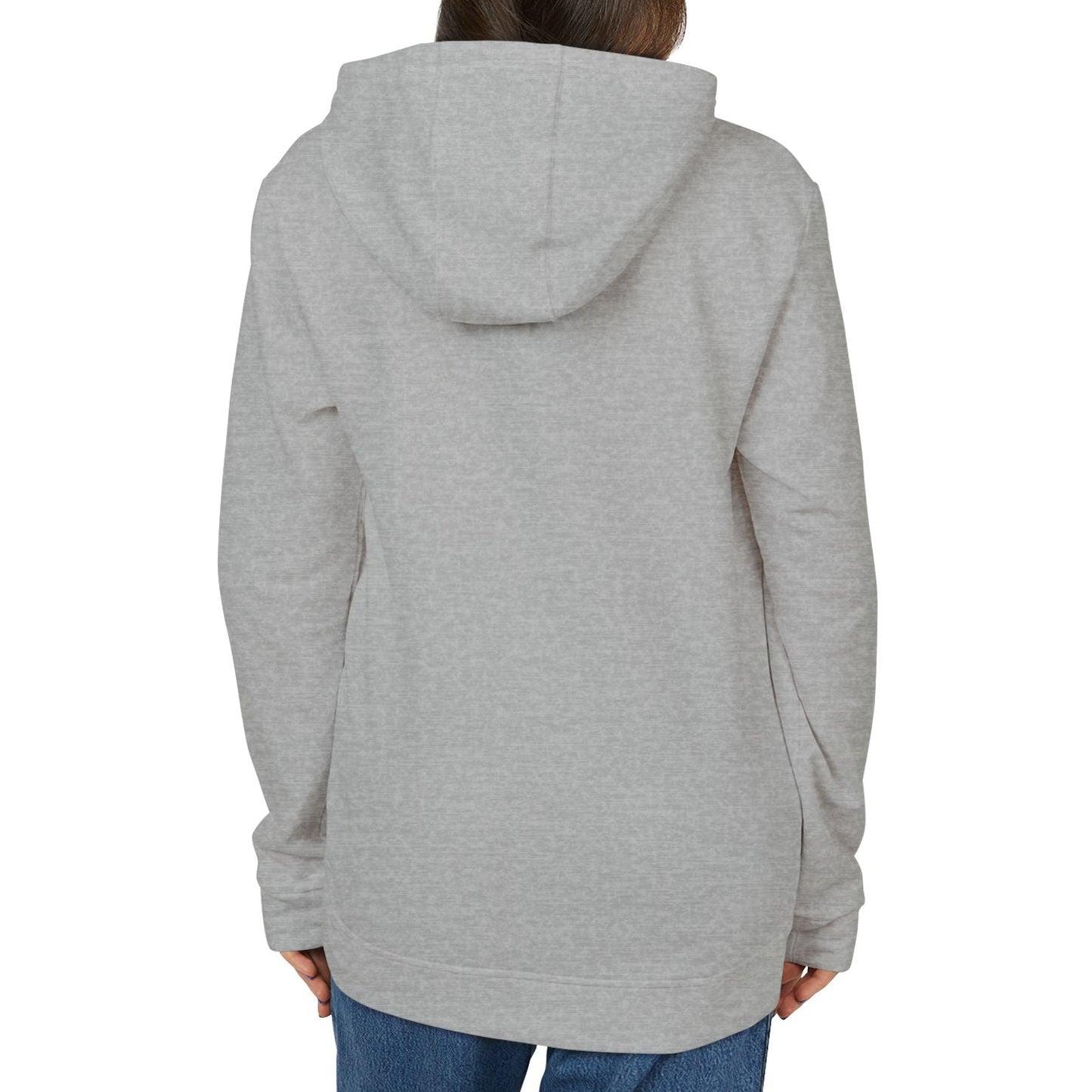 Person wearing a gray hoodie on a white background