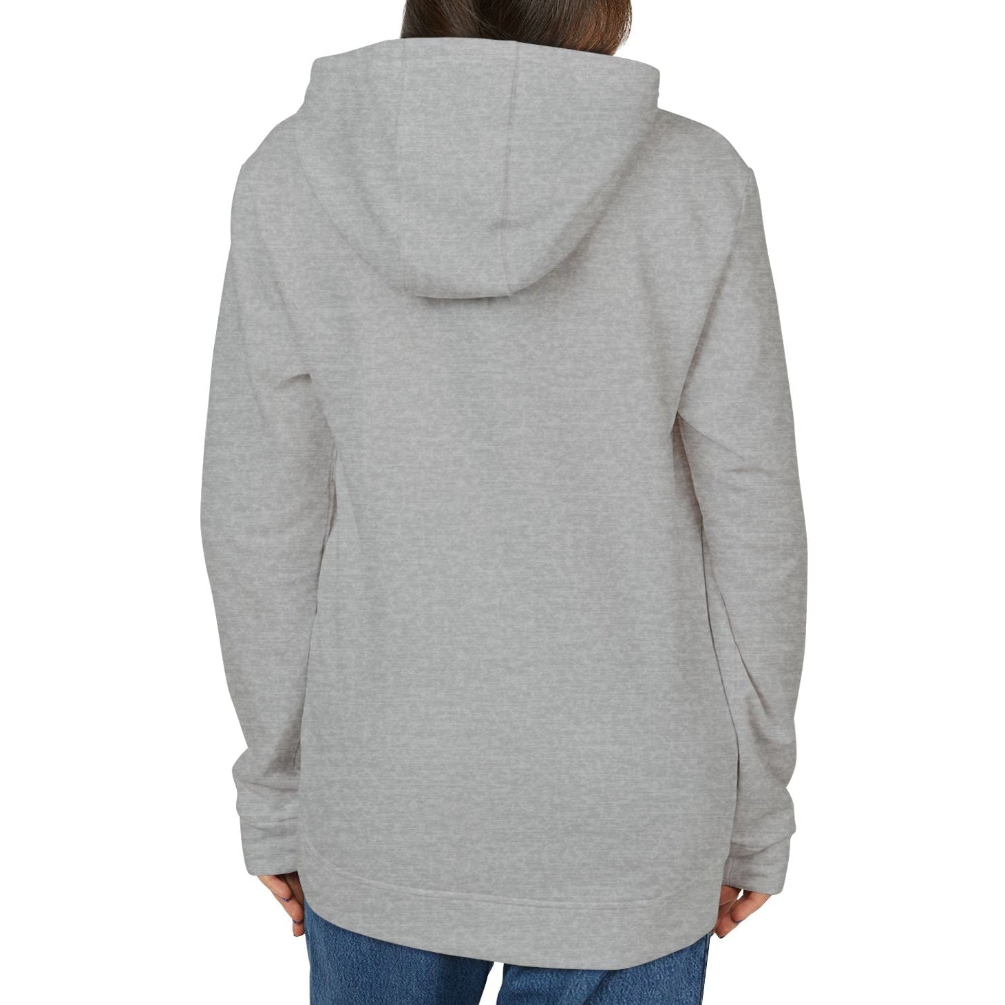 Person wearing a gray hoodie on a white background
