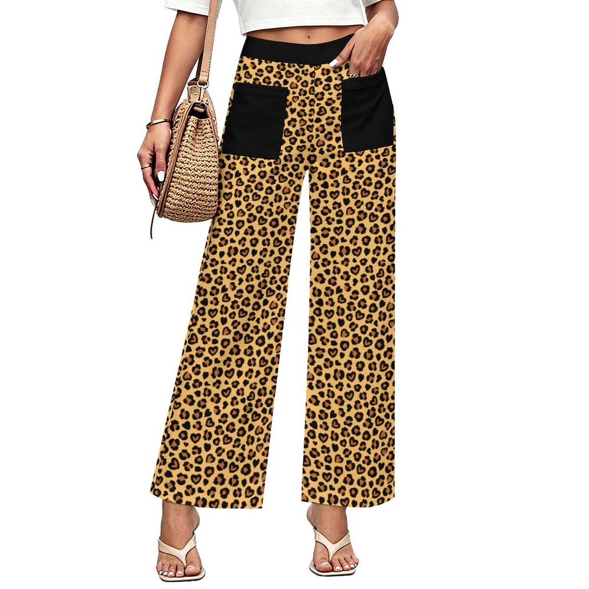Heart Leopard Print | Women's Straight Wide-Leg Crop Pants