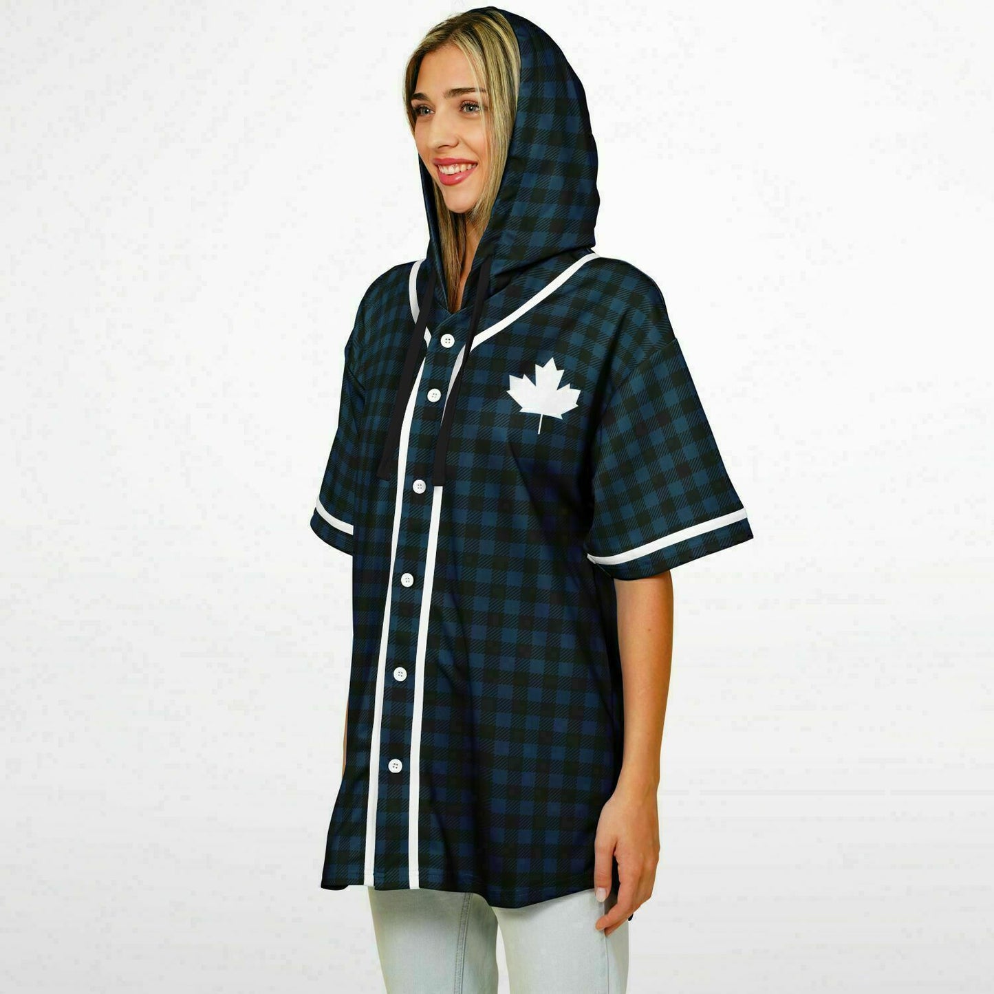 True North Strong and Free Navy Plaid Hooded Baseball Jersey