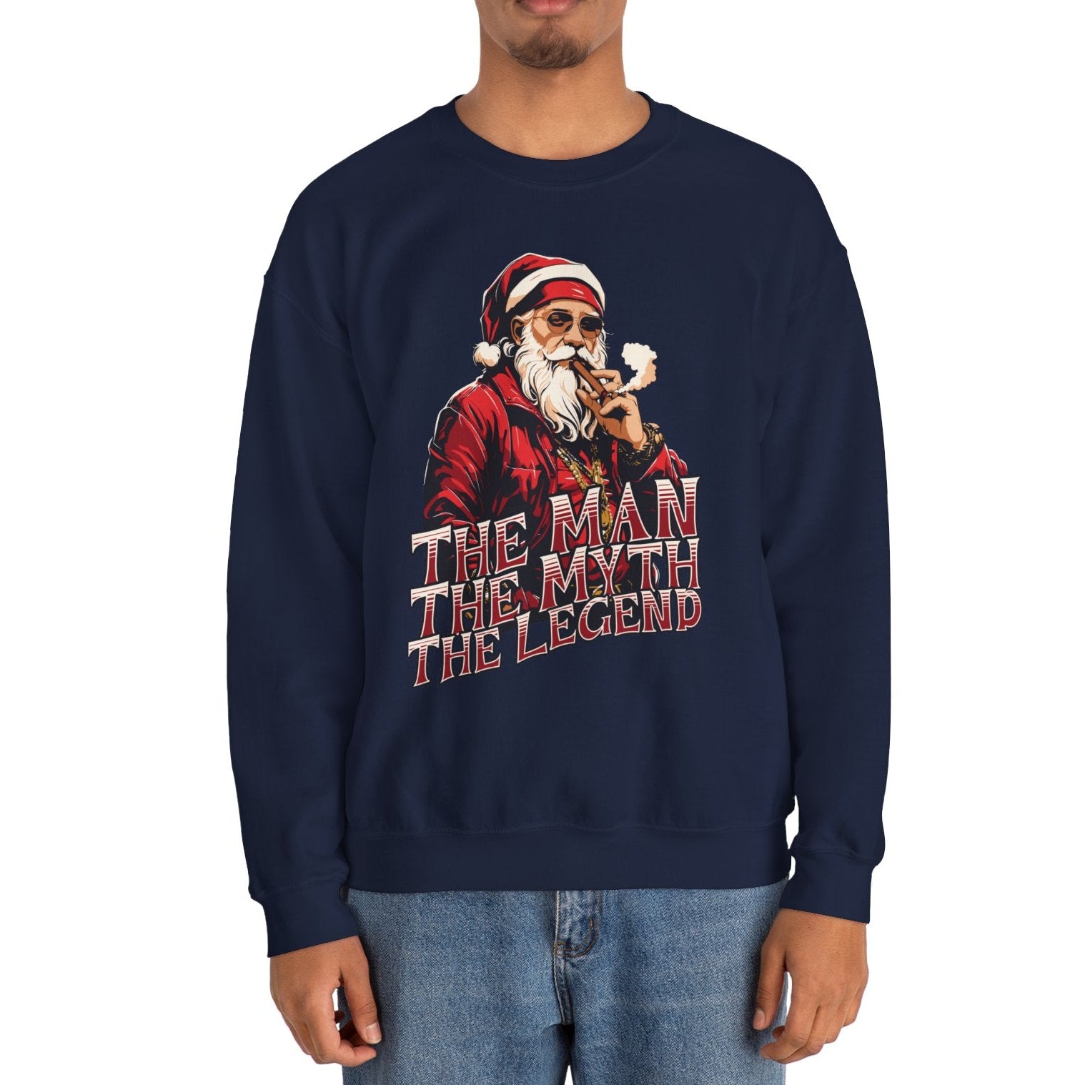 Person wearing a navy sweatshirt with a graphic design and text on a white background