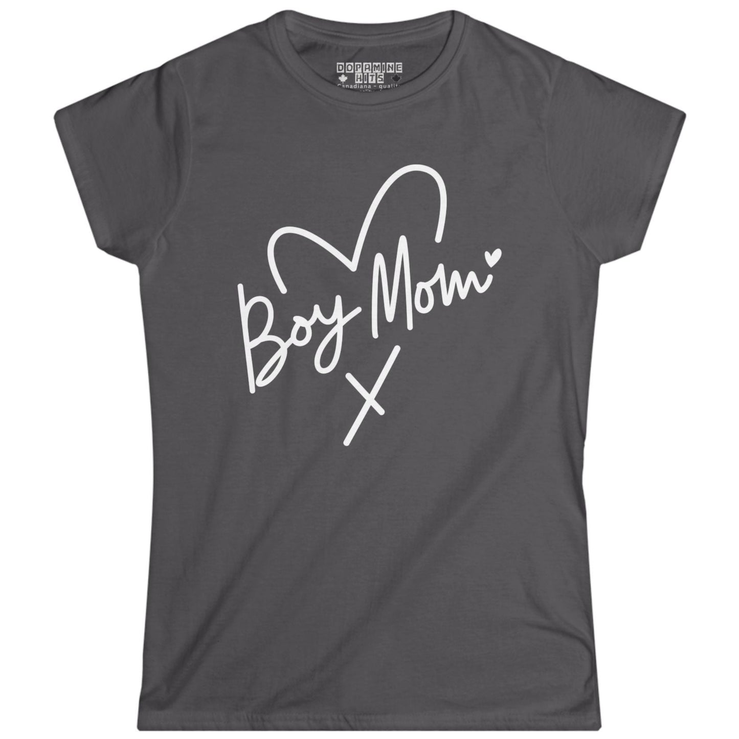 Charcoal Gray t-shirt with 'Boy Mom' text and heart design on a white background