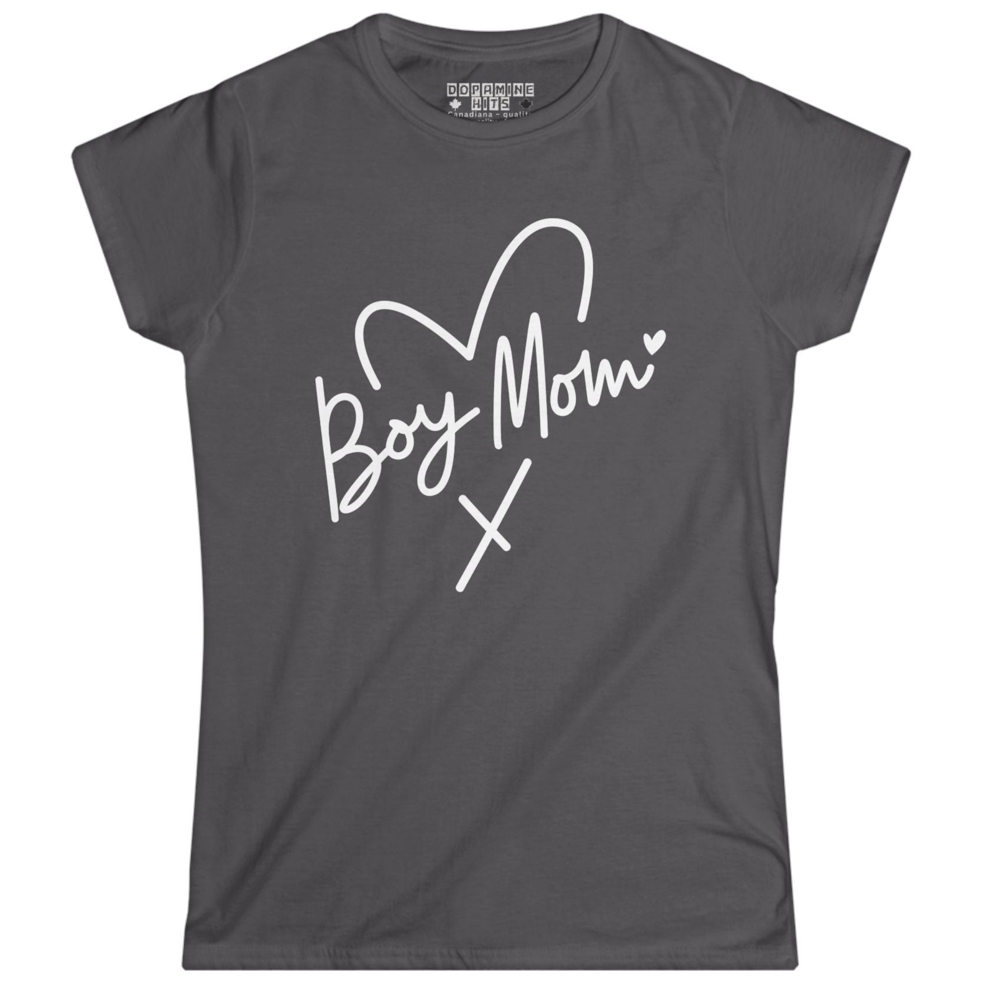 Charcoal Gray t-shirt with 'Boy Mom' text and heart design on a white background