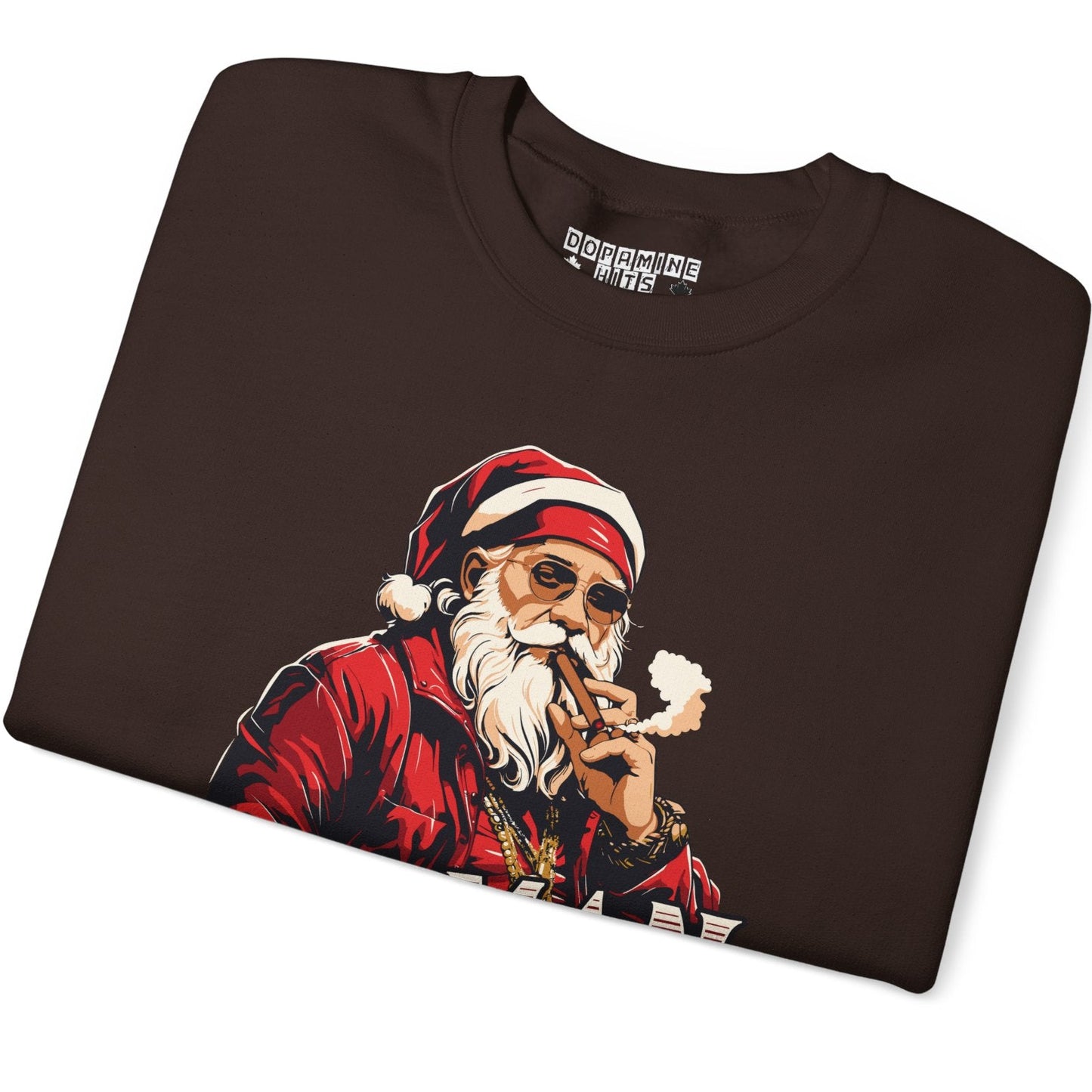 Folded brown t-shirt with a graphic of a smoking Santa Claus on a white background