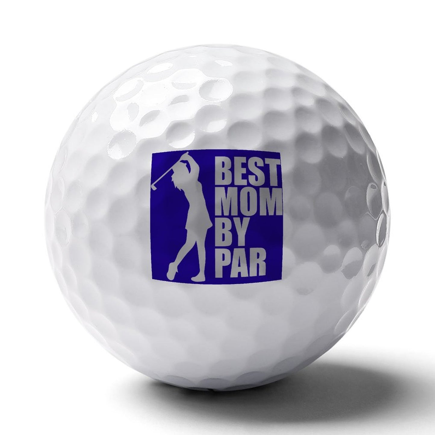 Golf ball with a blue 'Best Mom by Par' logo on a white background