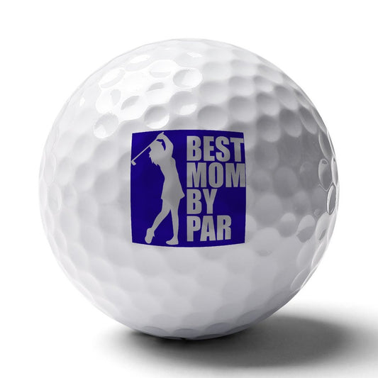 Golf ball with a blue 'Best Mom by Par' logo on a white background