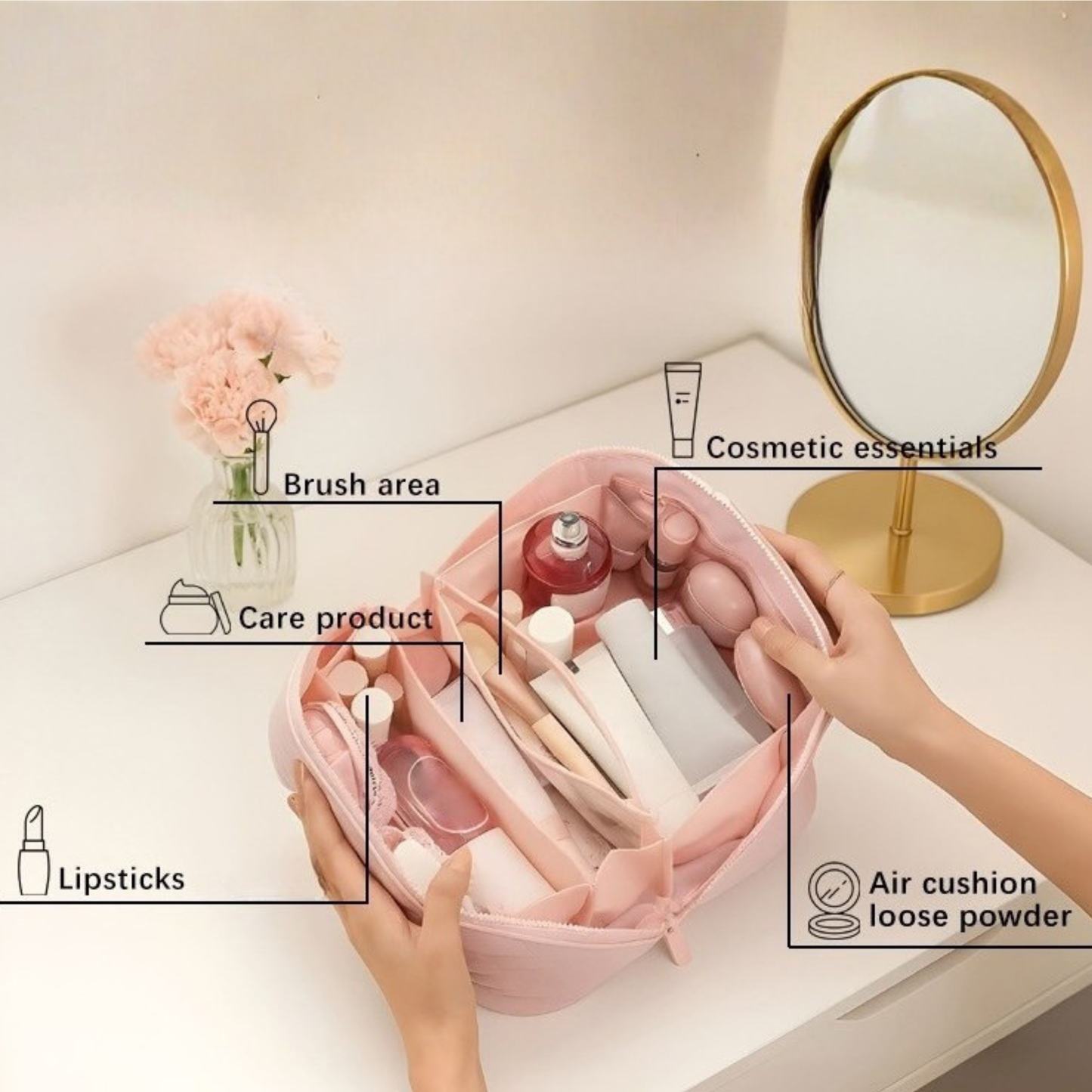 Lay-Flat Quilted Makeup Bag | 180° Cosmetic Organizer - Retro Diamond Design