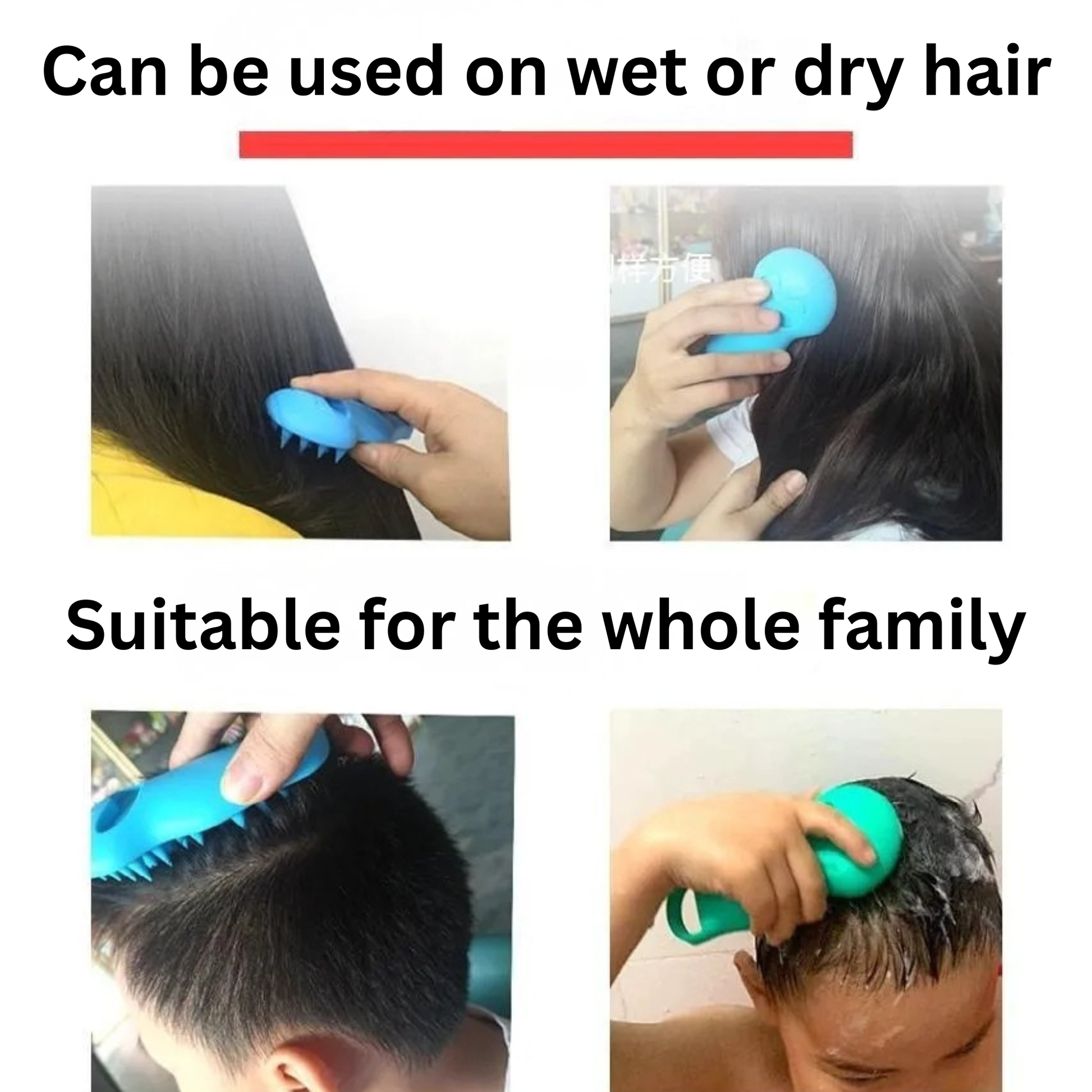 Product being used on wet or dry hair with text indicating suitability for the whole family.