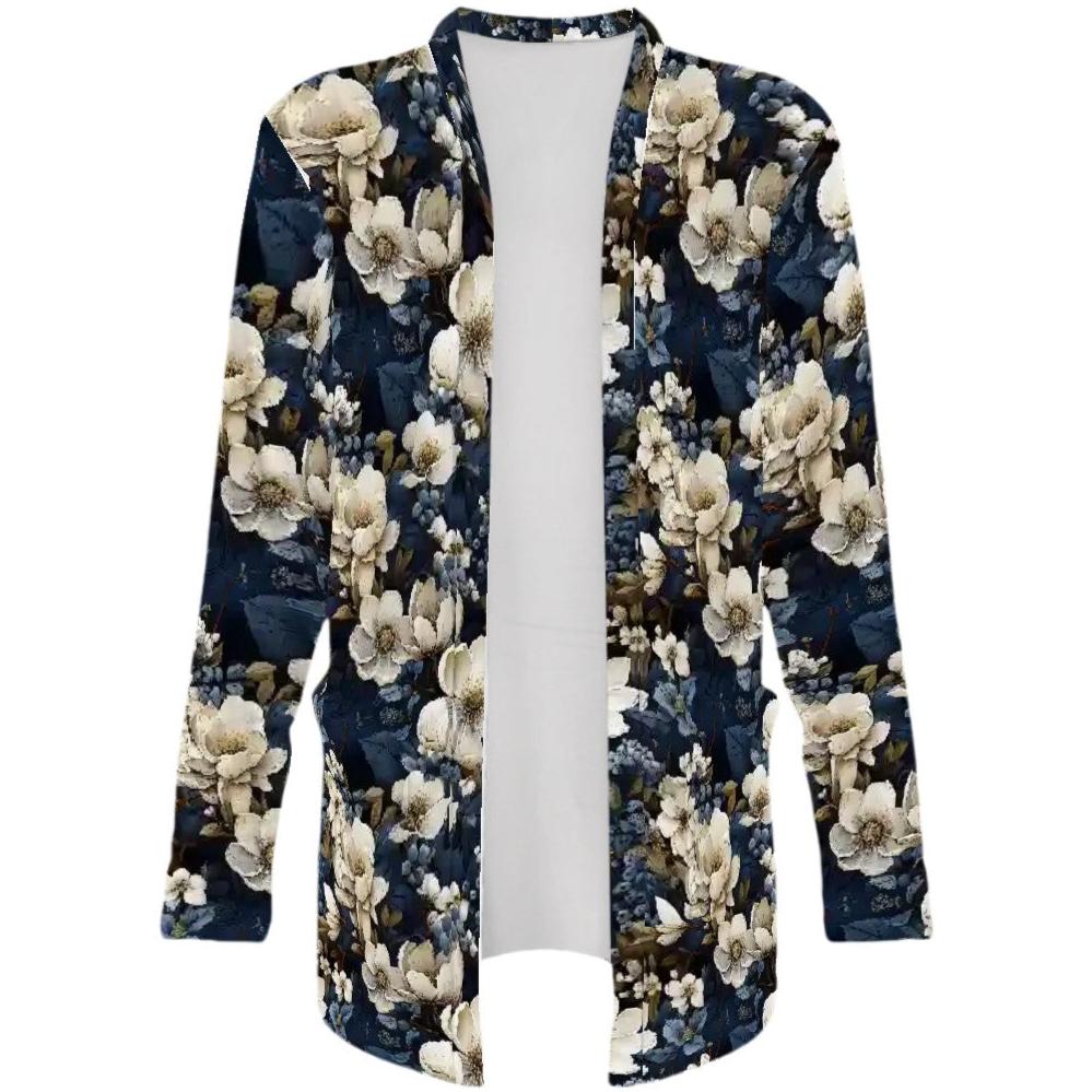 Wintery Florals - Women's Long-Sleeved Cardigan with Pockets - Soft, Stretchy & Stylish