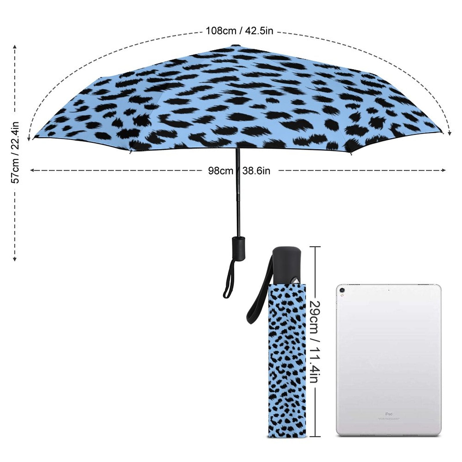Measurement chart of a blue leopard print umbrella with dimensions displayed.