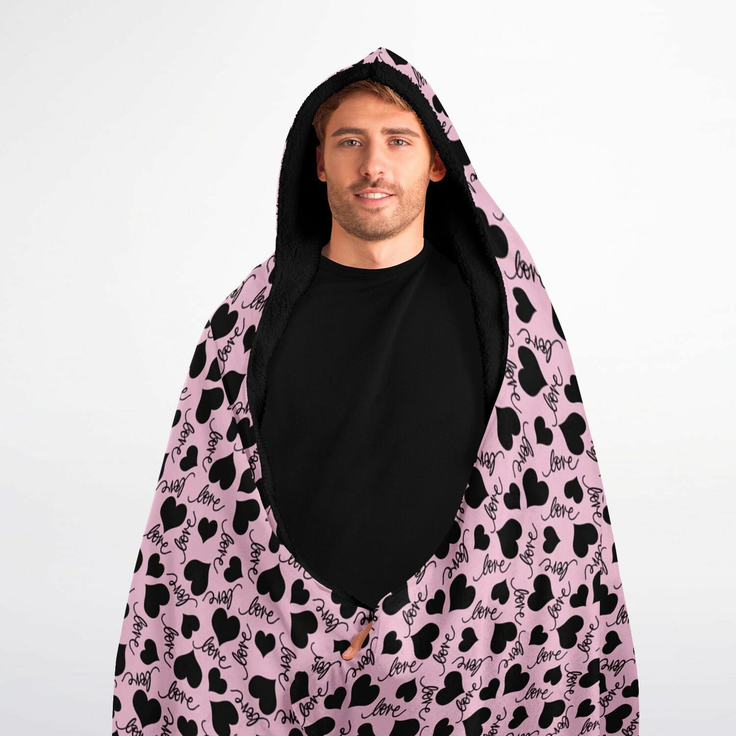 Love Pink & Black Hooded Blanket Micro Fleece - AOP