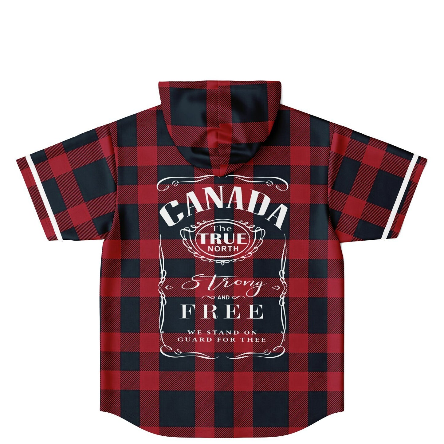True North Strong and Free | Hooded Baseball Jersey - Red Plaid
