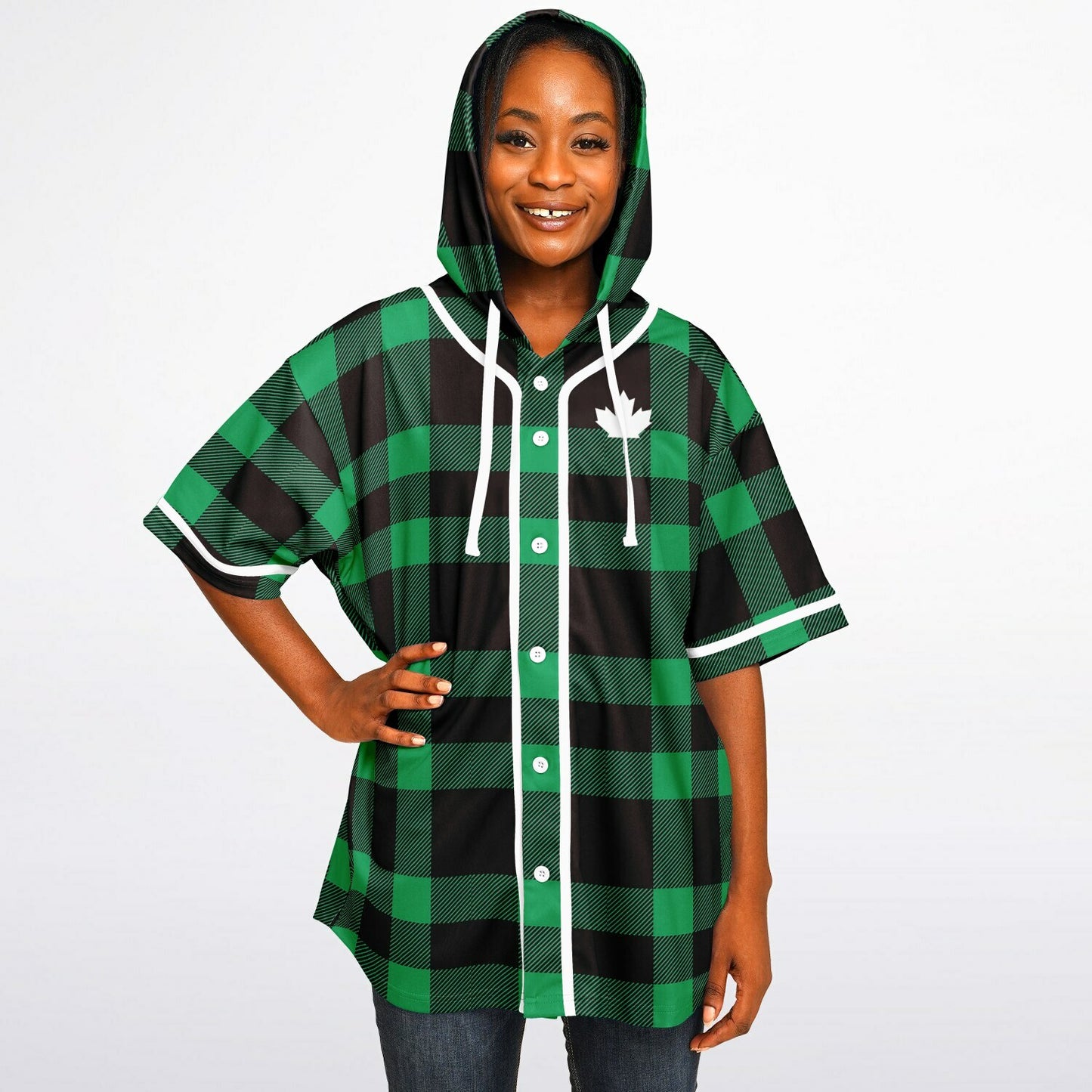 True North Strong & Free Green Plaid Hooded Baseball Jersey