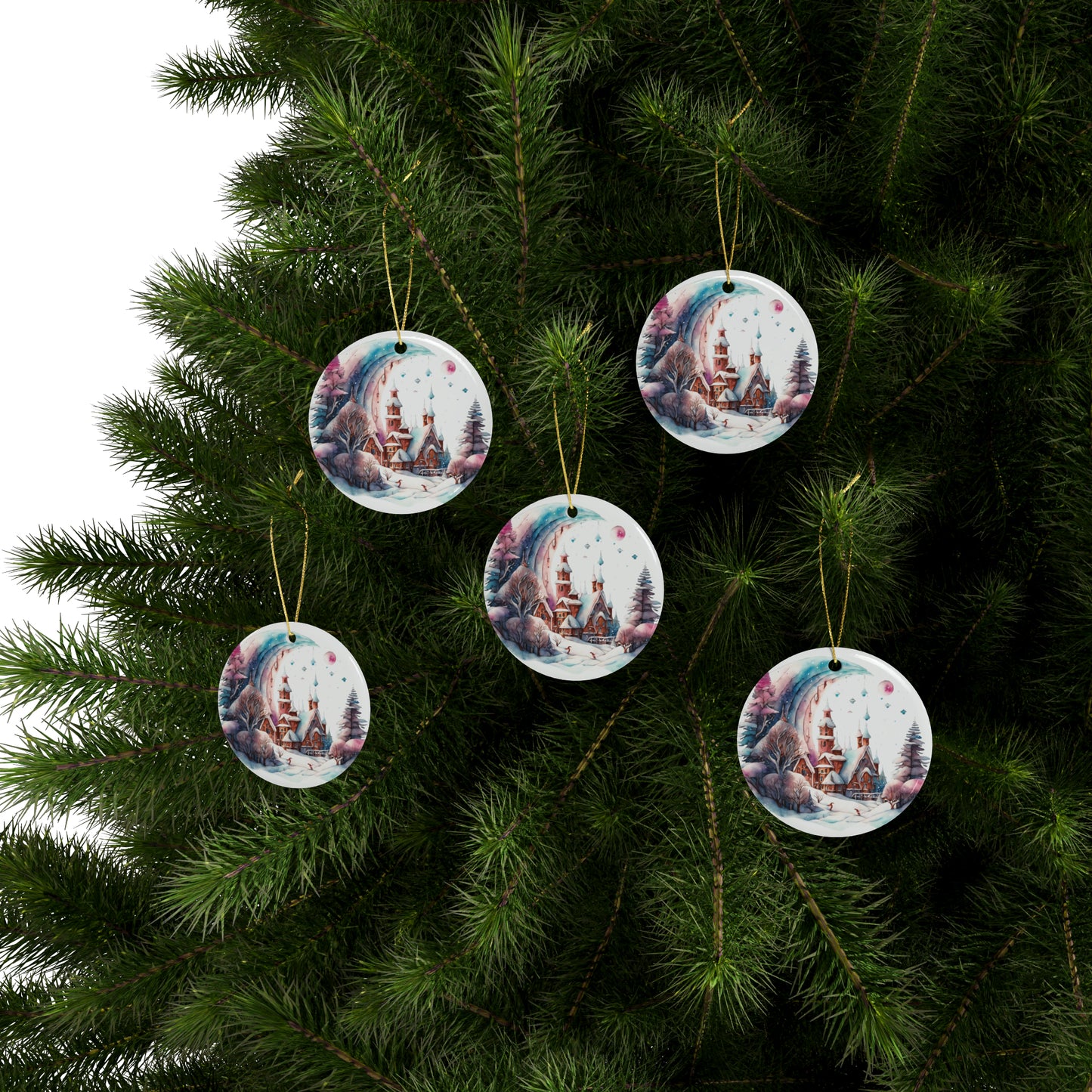 Idyllic Fantasy Christmas Scene | Ceramic Ornaments (1pcs, 5pcs, 10pcs, 20pcs) - 3