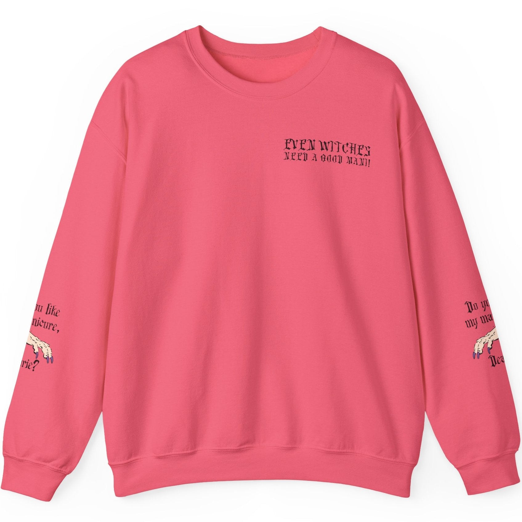 Pink sweatshirt with text and graphics on a white background