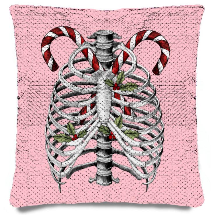 Candy Canes and Bones – Festive Goth Christmas Sequin Pillowcase – Soft, Durable, and Elegant Home Décor