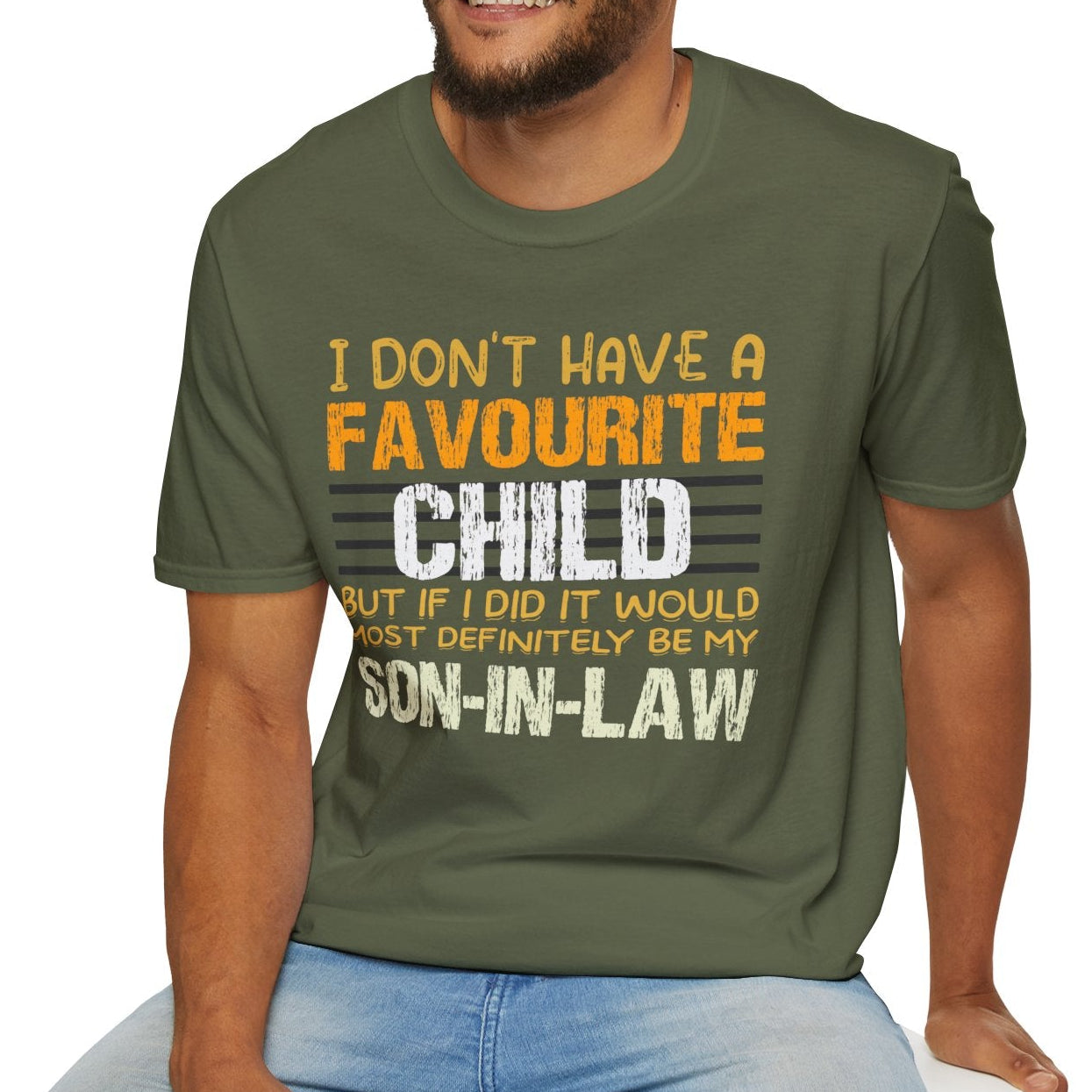 Man wearing a green t-shirt with humorous text design on a white background
