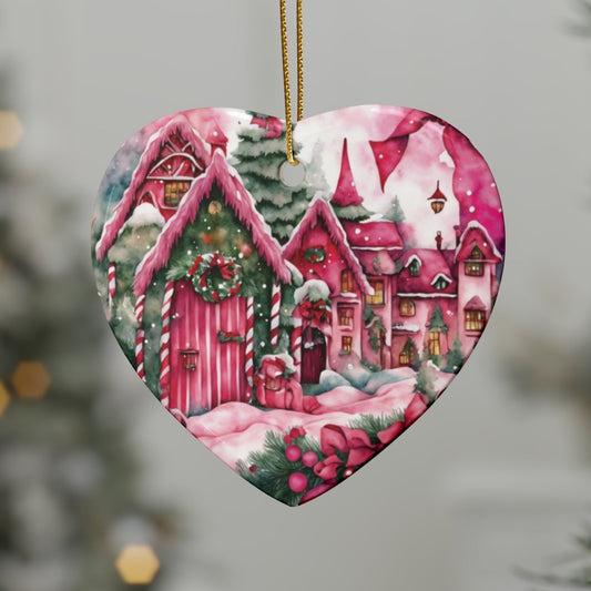 Idyllic Fantasy Christmas Scene | Pink Ceramic Ornaments (1pcs, 5pcs, 10pcs, 20pcs) - 26