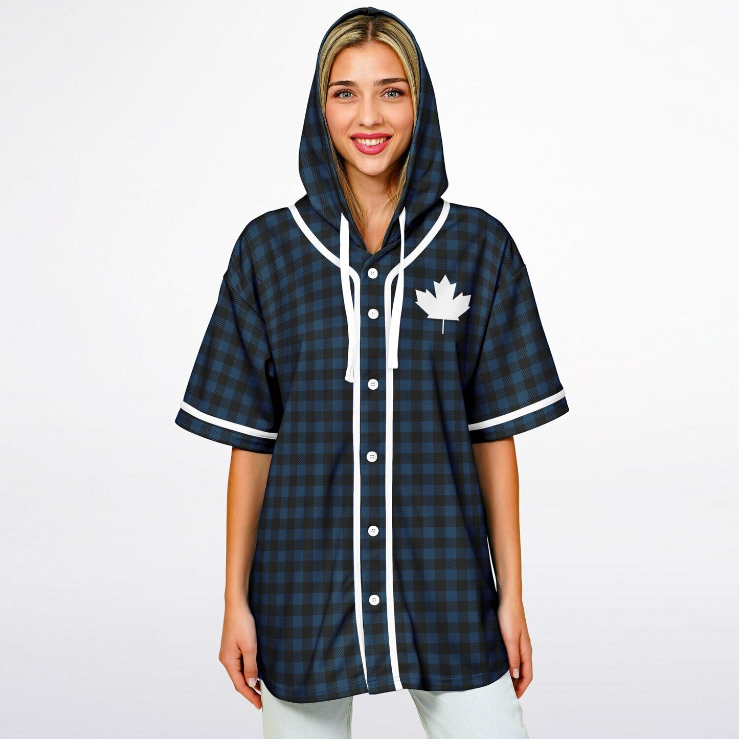 True North Strong and Free | Plaid Hooded Baseball Jersey - Navy