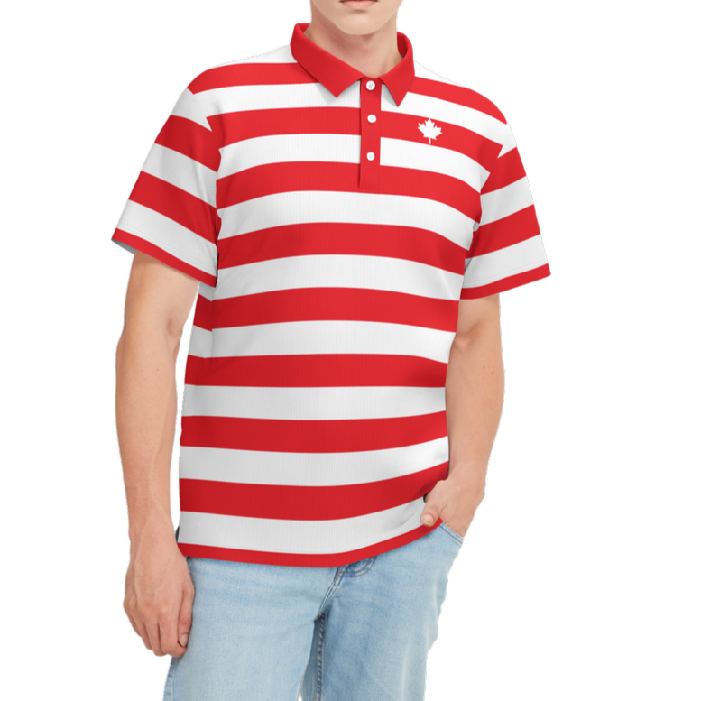 Person wearing a red and white striped polo shirt on a white background