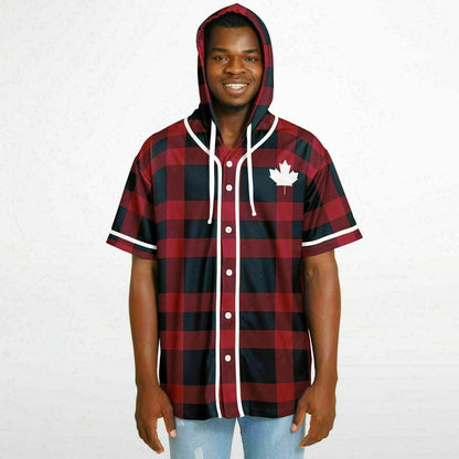 True North Strong and Free Red Plaid Hooded Baseball Jersey