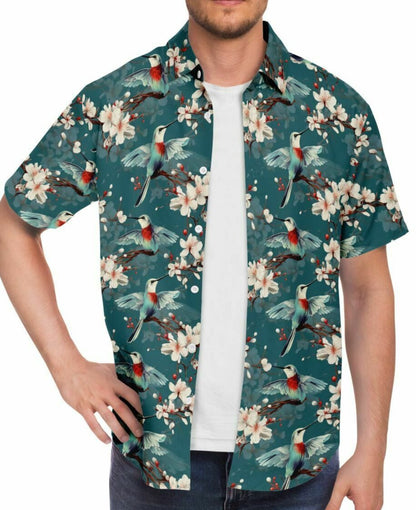 Wintertime Hummingbirds - Short Sleeve Button Down Shirt