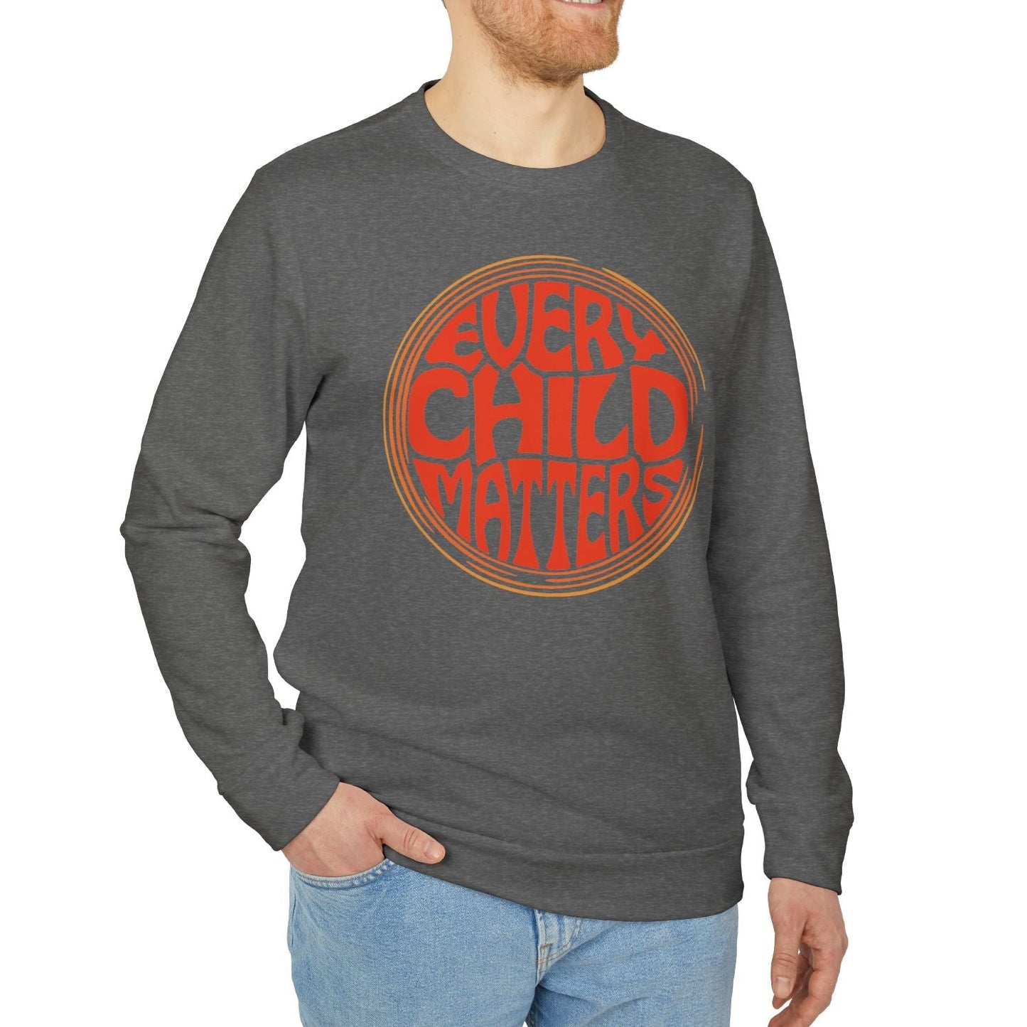 Man wearing a gray long-sleeve shirt with 'Every Child Matters' text on a white background