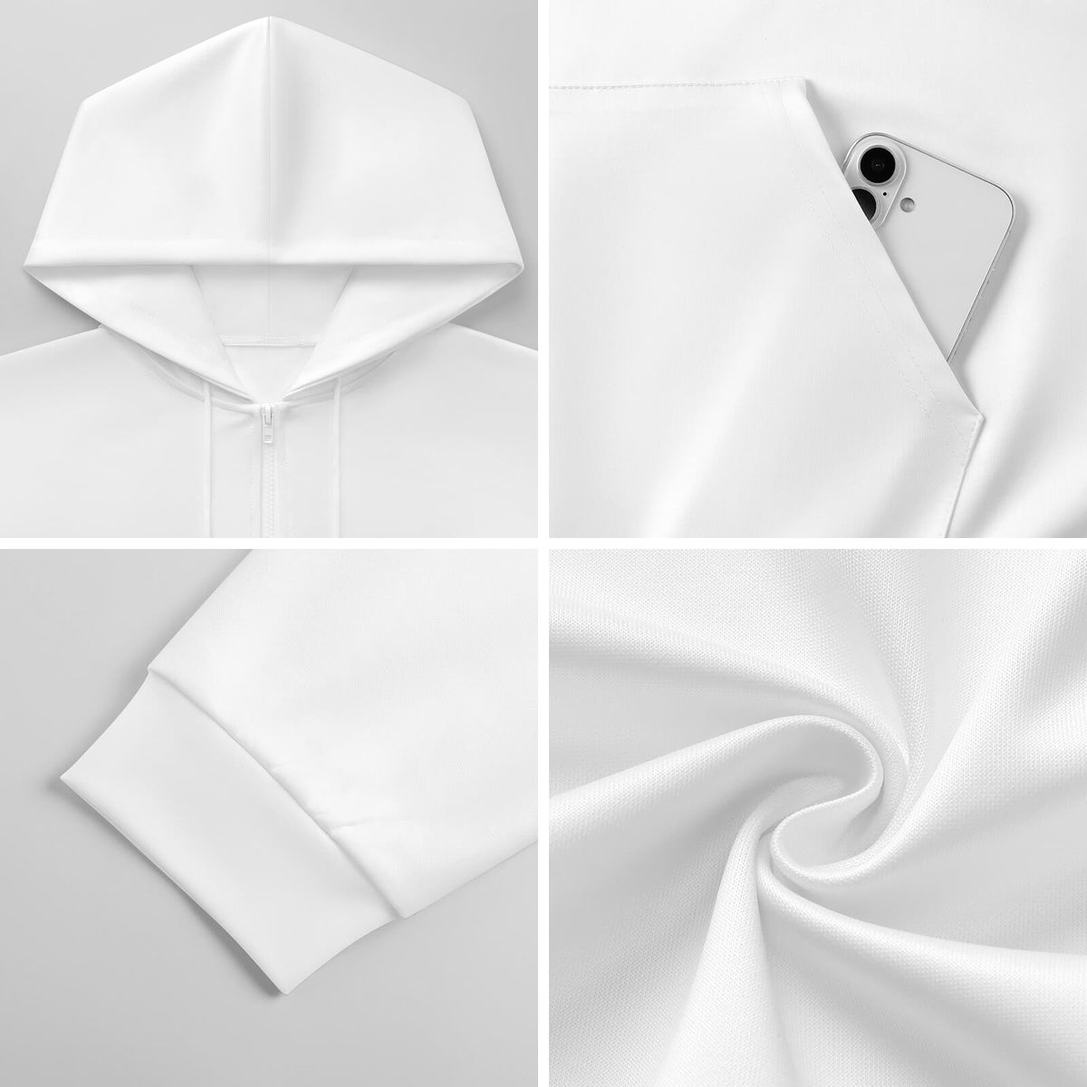 A four-panel product collage showing a white hooded sweatshirt: the front hood and zipper in the top left, a phone tucked into the pocket in the top right, a close-up of the sleeve cuff in the bottom left, and a fabric texture swirl in the bottom right, all on a light gray background.