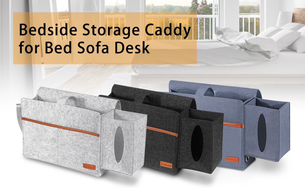 Bedside storage caddy for bed sofa desk with text overlay in a bright room.