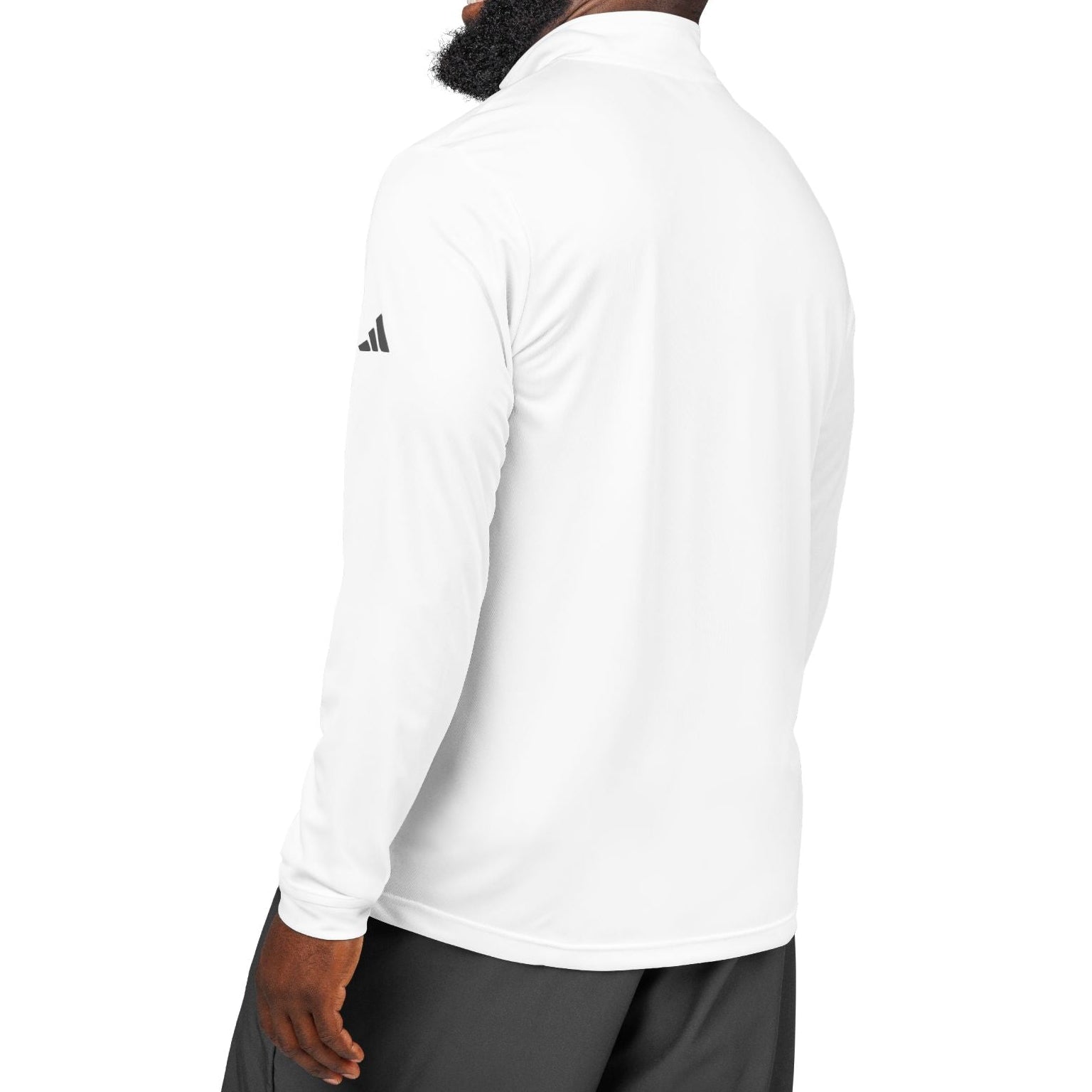 Man wearing a white Adidas long-sleeve shirt on a white background