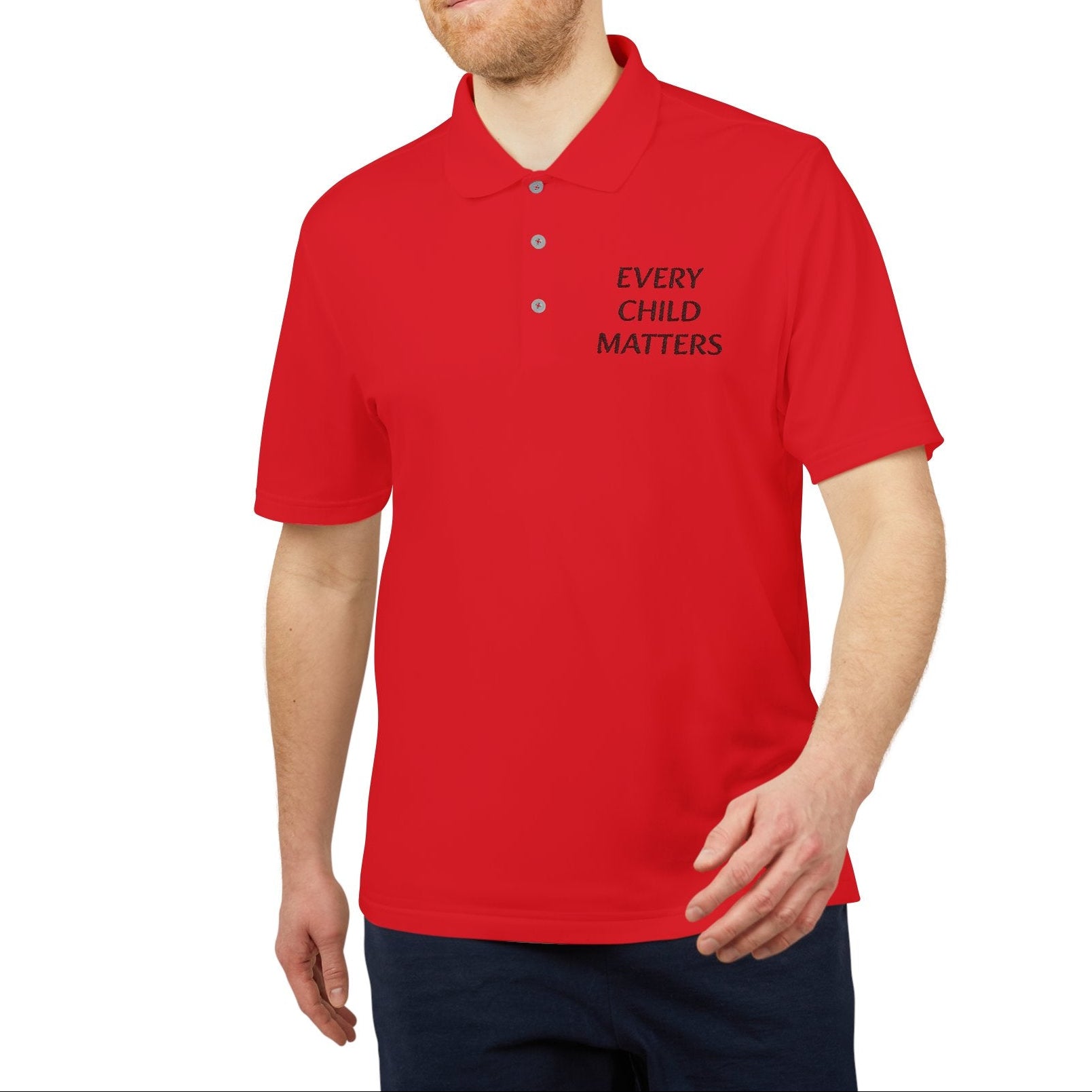 Man wearing a red polo shirt with 'EVERY CHILD MATTERS' text on a white background