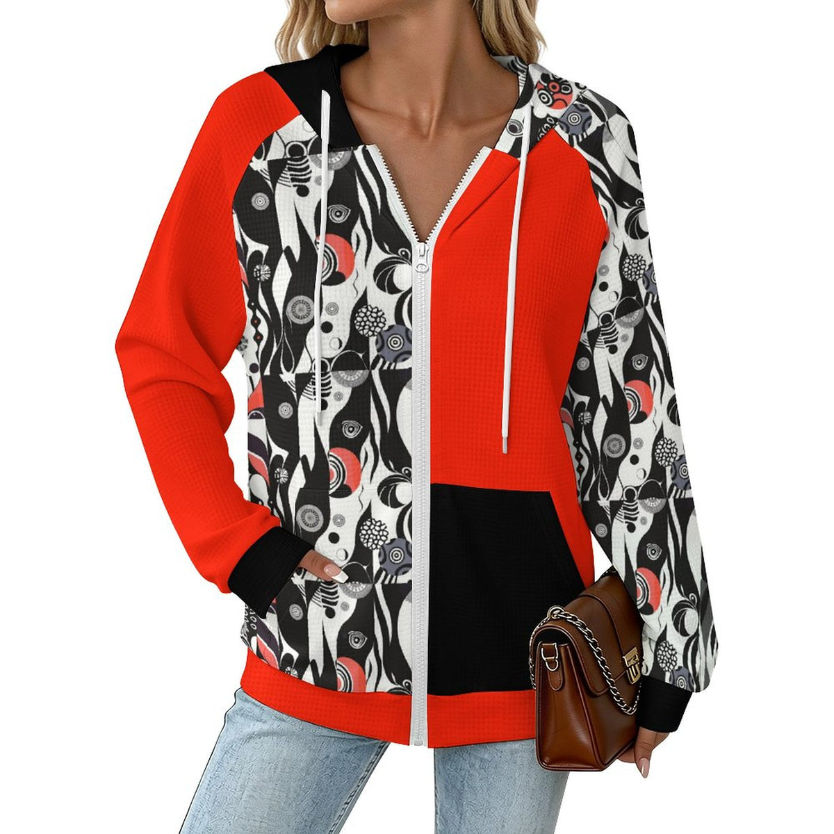 Fun Retro Colour Block | Waffle Hoodie with Zipper