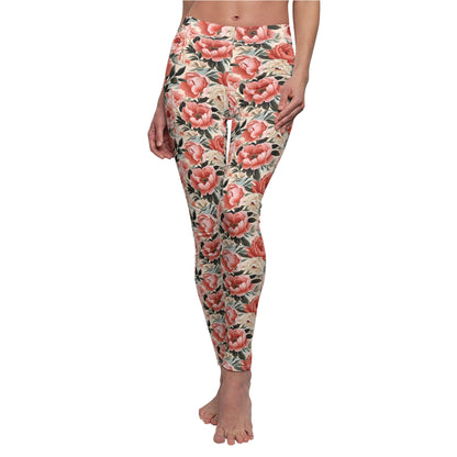 Peach Peonies - Women's Cut & Sew Casual Leggings