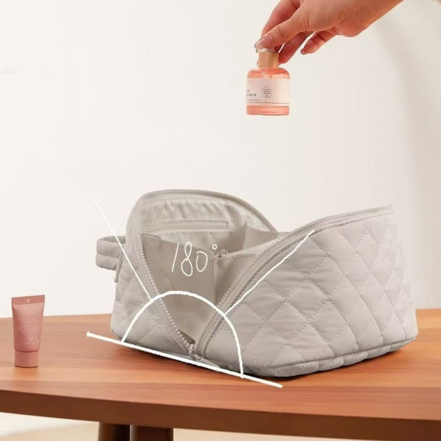 Lay-Flat Quilted Makeup Bag | 180° Cosmetic Organizer - Retro Diamond Design