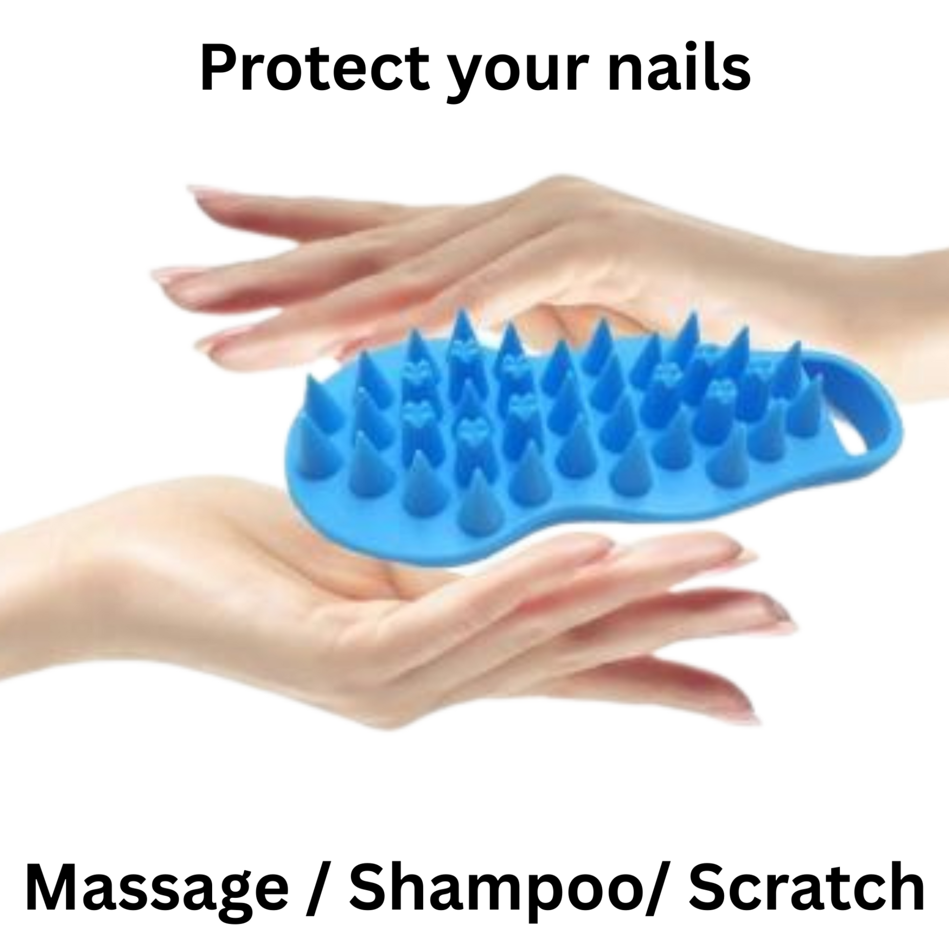 Blue silicone nail scrubber held between two hands with text indicating its uses.