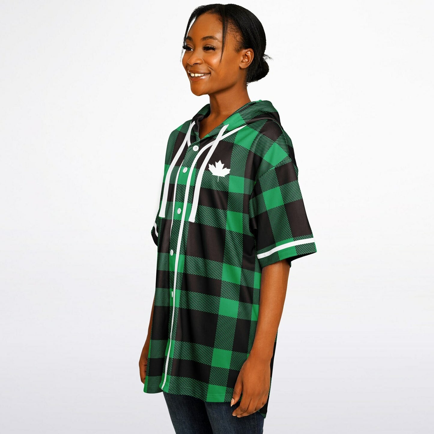 True North Strong & Free Green Plaid Hooded Baseball Jersey