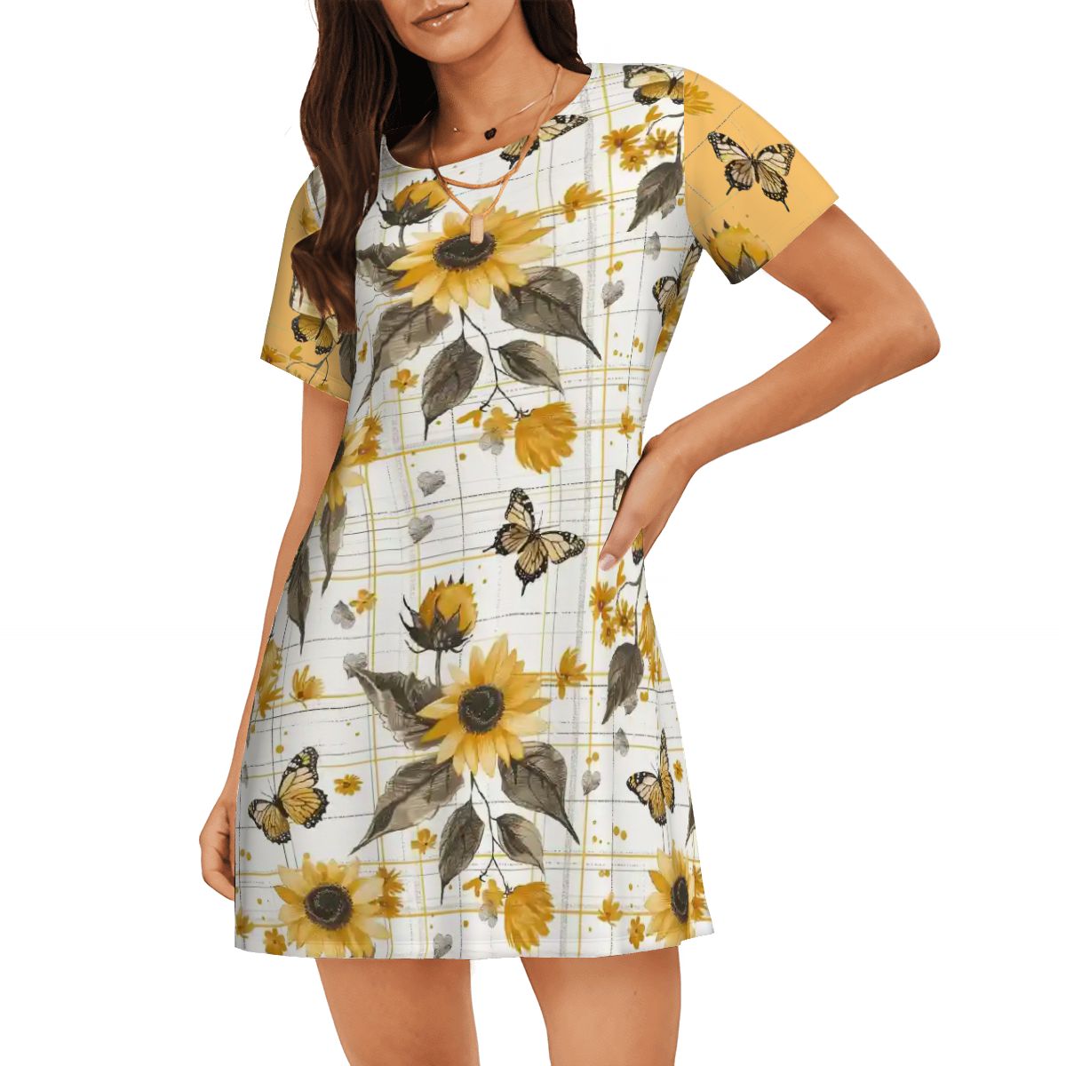 Sunflowers & Butterflies Plaid | Comfy Cotton-Feel Nightshirt Women’s Sleepwear – Soft and Easy to Wear