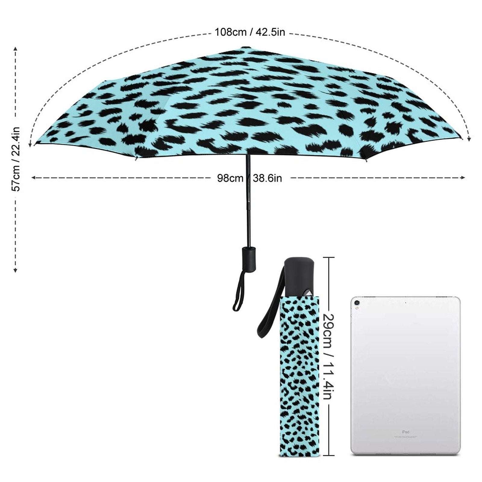 Leopard print umbrella with measurements on a white background