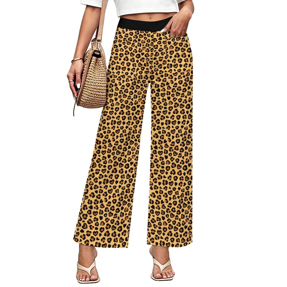 Heart Leopard Print | Women's Straight Wide-Leg Crop Pants